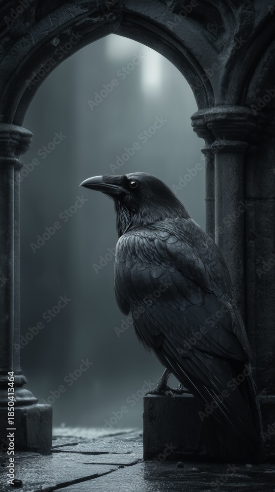 Fototapeta premium Cuervo negro posado en estructura de piedra antigua, Imagen de cuervo con plumas detalladas y luz tenue, Mockup de portada de libro con estética gótica