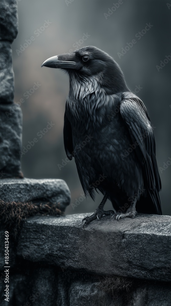 Obraz premium Cuervo negro posado sobre piedra antigua., Primer plano de cuervo con plumaje detallado., Fotografía editorial estilo gótico.