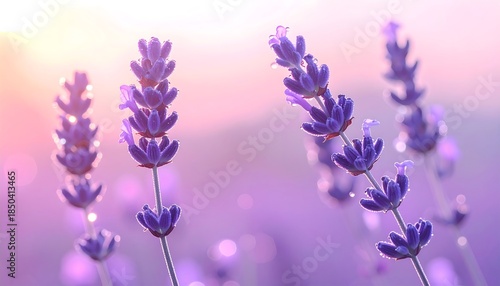 Lavender stalks bask in a soft, glowing light with purple, pink, and subtle gold hues, creating a serene scene