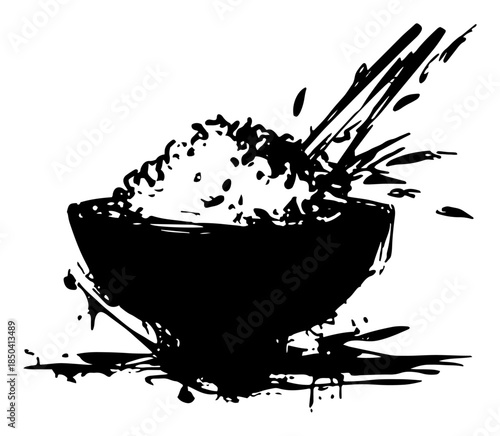 Vector illustration of a rice bowl with chopsticks in black ink style