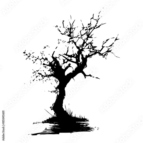 Spooky dead tree silhouette with bare branches in ink style
