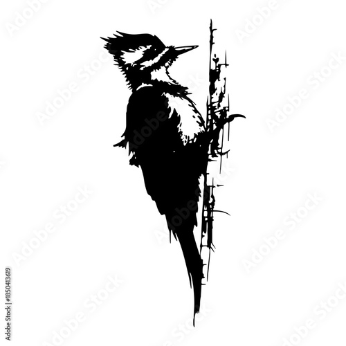 Vector sketch of woodpecker bird clinging to tree trunk in black ink