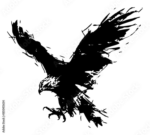 Black ink illustration of an attacking eagle with spread wings