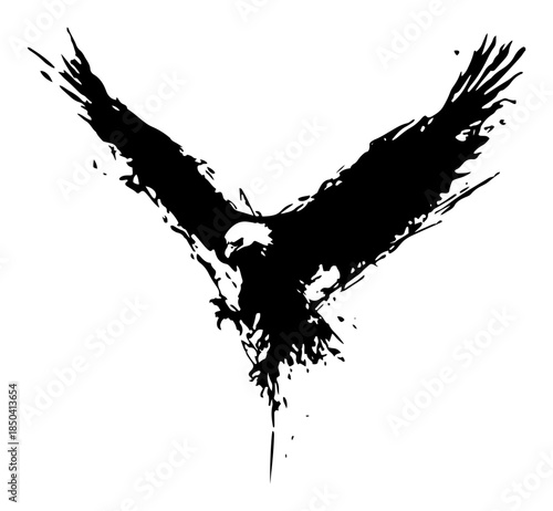 Grungy ink drawing of a soaring eagle with wide wings