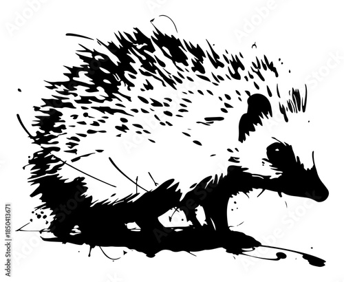 Black silhouette of a spiky hedgehog with grunge texture