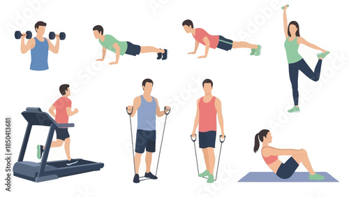 Illustrations of men and women performing a variety of fitness exercises, including strength training, cardio, stretching, and bodyweight workouts