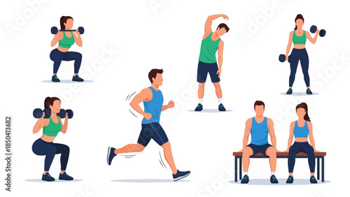 Diverse group of people engaged in various fitness activities and exercises