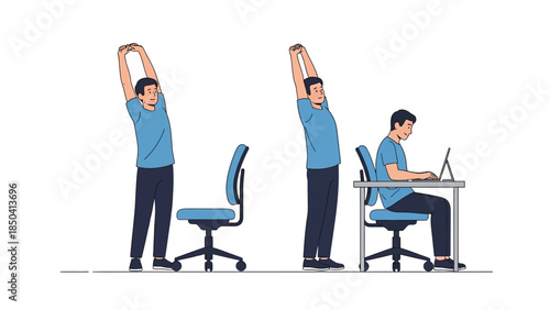 Office worker performing stretches and exercises to improve posture and well-being