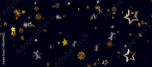 Abstract holiday background featuring shimmering gold stars and snowflakes floating against a deep blue backdrop, perfec