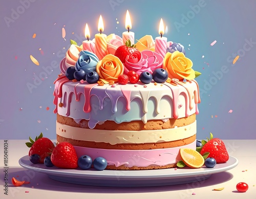 Layered cake topped with roses, blueberries, candles and icing drizzles, set against a pastel background