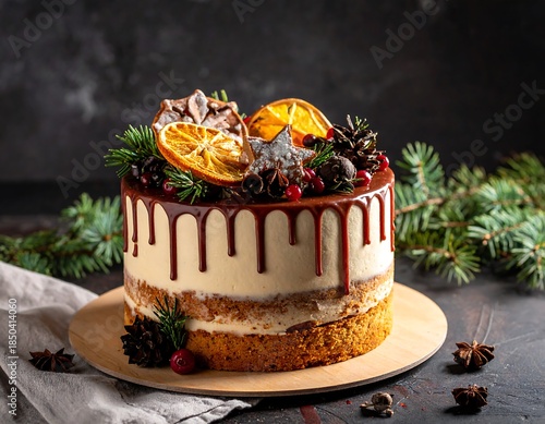 Layered cake with dripping chocolate, decorated with dried orange slices and pine cones against dark background
