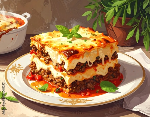 Layered lasagna on a plate, garnished with basil leaves, next to a potted plant on a sunlit table