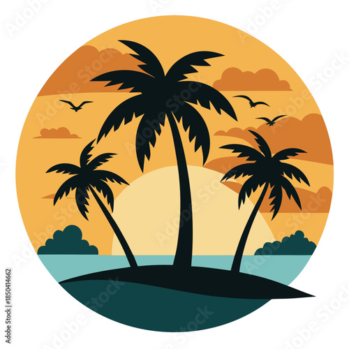 Monochromatic silhouette illustration of a tropical beach scene with a lone palm tree, evoking a serene, isolated paradise. Vector art.