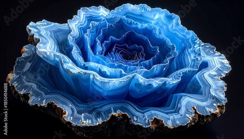 Layers of intricate blue, white, and black banding form a swirling natural agate pattern on a dark background