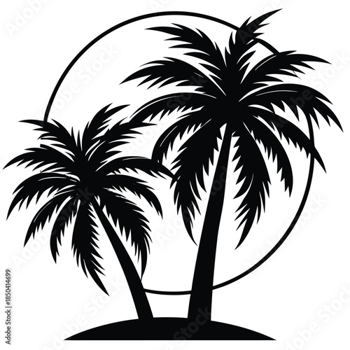 Monochromatic silhouette illustration of two distinct palm trees on a tropical beach, suggesting a peaceful, remote getaway. Vector graphic.