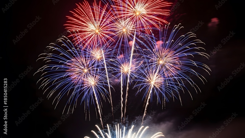 Fototapeta premium Vibrant fireworks exploding in blue and red against a dark night sky
