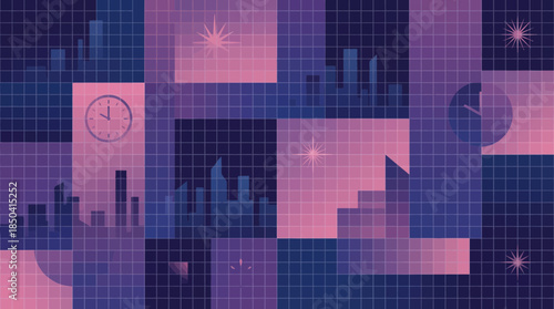 Vibrant cityscape at dusk with clock tower and starry night sky