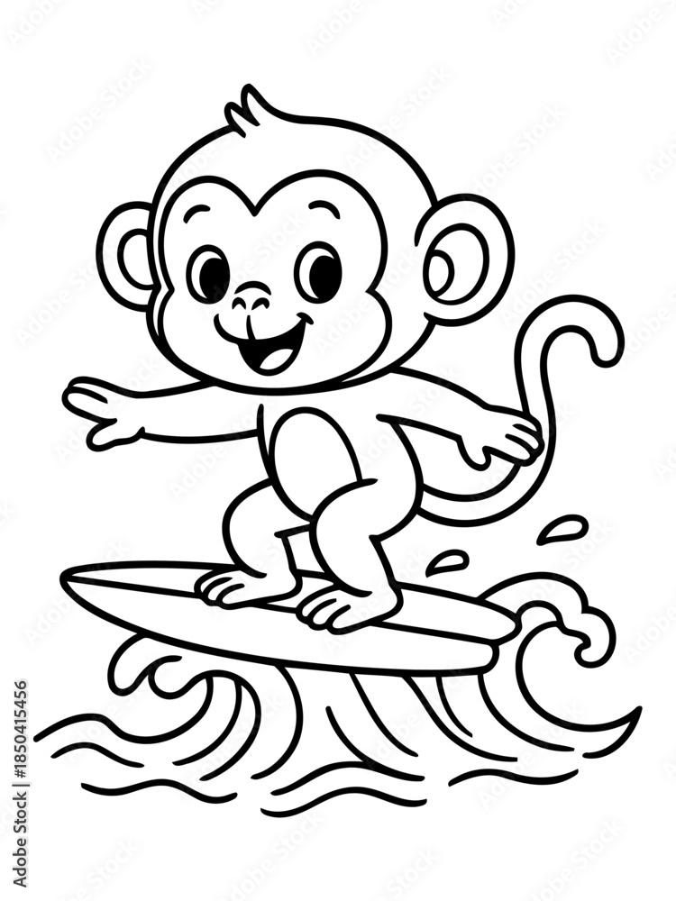Obraz premium Monkey Surfing on Wave: A cheerful monkey rides the crest of a wave on a surfboard, skillfully navigating the water with a wide grin. A playful depiction of summer fun and tropical adventure.