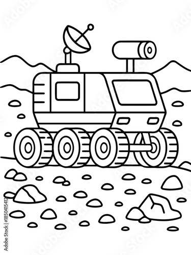 Space Rover on Terrain: A detailed line drawing of a space rover exploring a rocky alien landscape. It is exploring the unknown universe and the spirit of discovery and innovation.