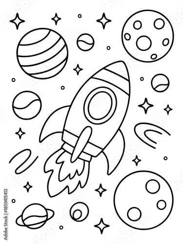 Blast Off! Illustration of rocket, planets, and stars, perfect for space-themed projects, coloring pages, and educational materials.