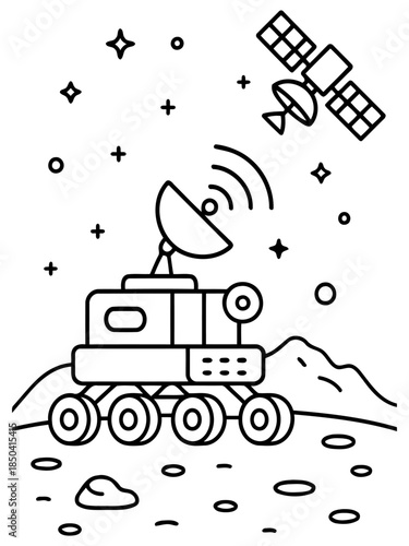 Space Exploration Blueprint: A minimalist illustration of a space rover exploring a planet, with a satellite sending data back to earth. the spirit of innovation and discovery.