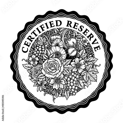 Vintage Certified Reserve seal with intricate floral and grape illustration.