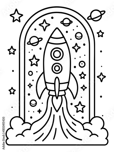 Rocket's Cosmic Voyage: A detailed line art illustration of a rocket ship soaring through the cosmos, stars, and planets.