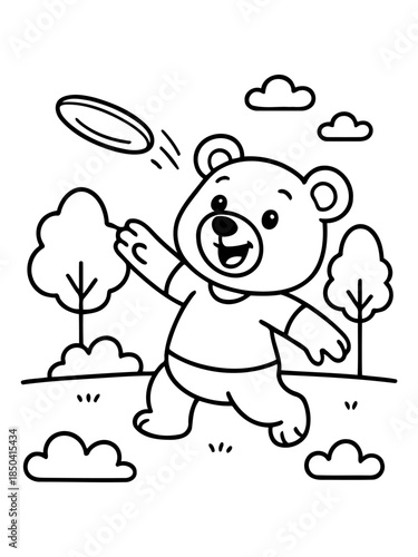 Playful Bear with Frisbee: A cute bear joyfully plays frisbee outdoors, the whimsical scene filled with fun, action, and childlike energy.