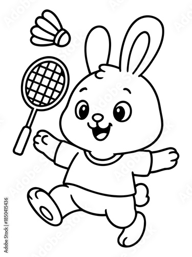 Badminton Bunny's Game: The adorable illustration of a charming bunny enthusiastically playing badminton, radiating an atmosphere of cheerful sport, excitement and active lifestyle.