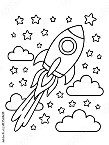 Rocket to the Stars: A stylized rocket, embarking on an interstellar journey, soars through the cosmos. Surrounding by stars and clouds, ready for coloring or further creative exploration.