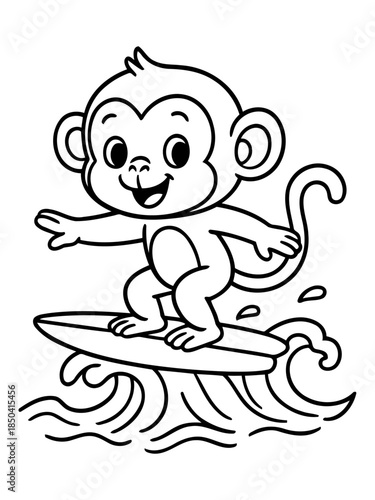 Monkey Surfing on Wave: A cheerful monkey rides the crest of a wave on a surfboard, skillfully navigating the water with a wide grin. A playful depiction of summer fun and tropical adventure.