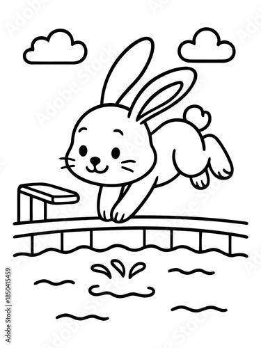 Bunny's Dive: This monochrome illustration captures the exuberance of a bunny diving into water, showcasing a playful scene, perfect for any children-themed project.