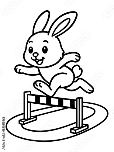 Bunny Over Hurdle: A spirited bunny fearlessly leaps over a hurdle on a racetrack, embodying determination and triumph in a captivating black and white line art illustration.