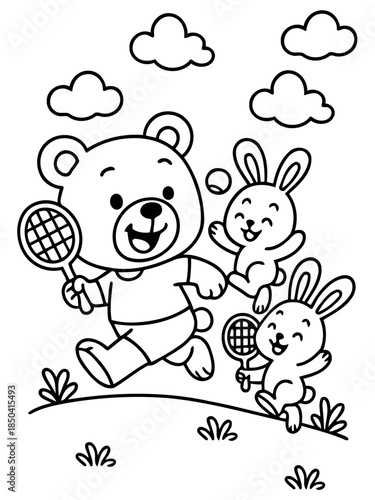 Tennis Time Trio: A cheerful bear and two playful bunny friends, immersed in the game with rackets, chase after a tennis ball amidst whimsical clouds. 