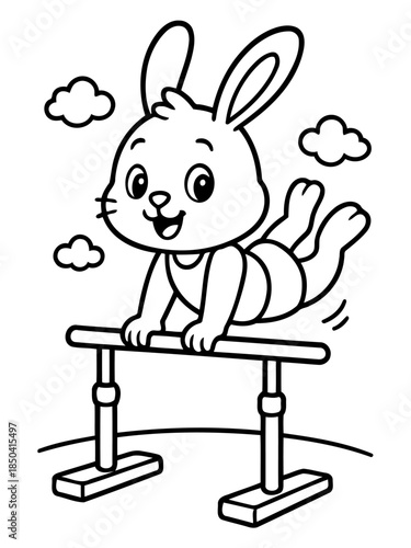 Gymnastic Bunny: An adorable bunny demonstrating exceptional skills on parallel bars, its cheerful expression radiating enthusiasm and joy.