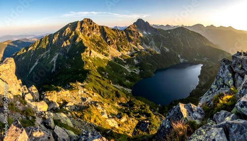 Mountainous vista jagged peaks rise above a serene lake at sunset, framed by rugged rocks in the foreground
