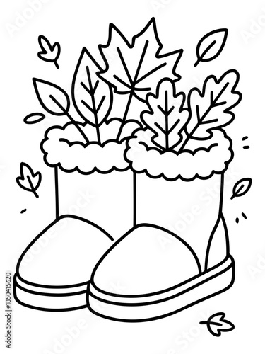 Cozy Boots in Autumn: A pair of warm, lined boots embrace the essence of autumn with leaves nestled within. Symbolizing comfort and the changing season.
