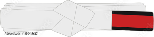 Folded white martial arts belt with a red and black tip isolated on a white background.