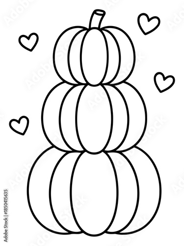 Stacked Pumpkins with Hearts: A charming and whimsical image showcases a stack of three plump pumpkins adorned with delicate hearts. This illustration creates a sense of joy, harmony.