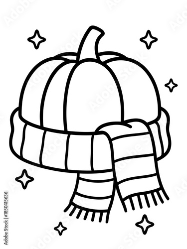 Winter Pumpkin Adorned: A whimsical pumpkin is dressed for the season, sporting a cozy scarf and hat amid a flurry of stars, embodying the spirit of autumn and winter.