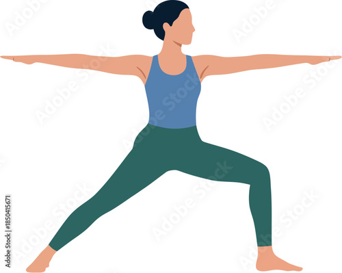 Vector illustration of a woman in the Warrior II yoga pose.