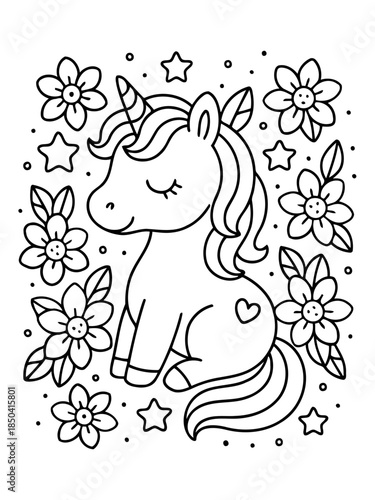 Unicorn amidst Floral Elegance: An adorable unicorn with a graceful horn, is surrounded by blooming flowers and twinkling stars, embodying the essence of enchantment and purity.