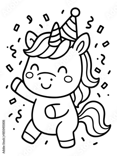 Joyful Unicorn Celebration: A cute, festive unicorn is seen happily celebrating, adorned with a party hat and surrounded by confetti, perfect for joyful occasions.