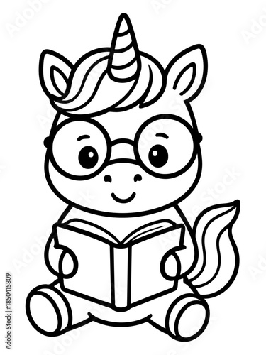 Smart Unicorn Reading: A charming illustration depicts a scholarly unicorn, adorned with spectacles, absorbed in a book, embodying the joy of learning.