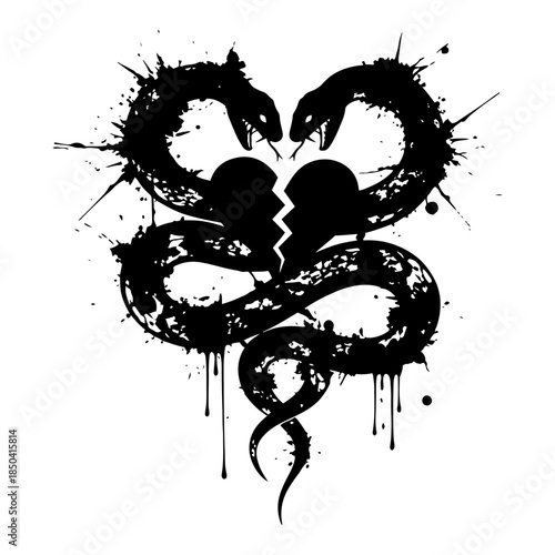 Two intertwined black snakes forming a broken heart shape with grunge ink effects
