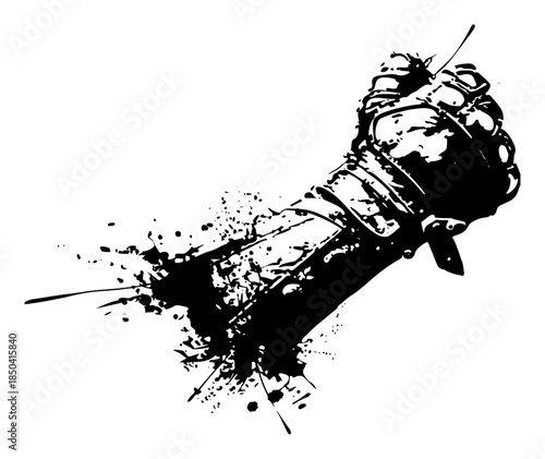 Armored fist punching upward with dynamic black ink grunge splatters
