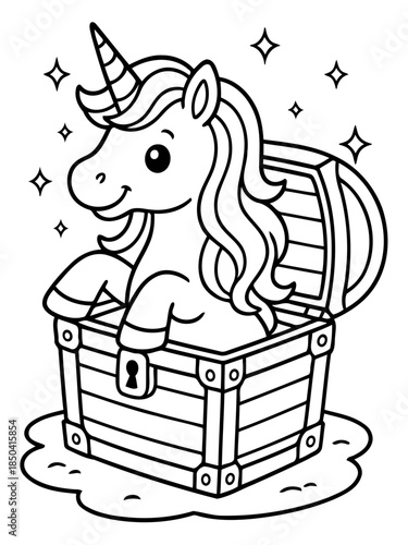Magical Unicorn and Treasure Chest: An illustration of a whimsical unicorn emerging from a treasure chest, exuding enchantment and joy. 