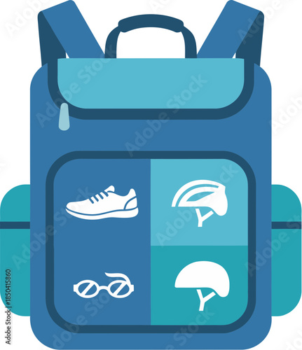Blue triathlon sports backpack with equipment icons for swimming cycling and running.