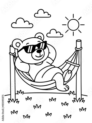 Sunny Sloth's Summer Retreat: A cheerful bear, donning stylish shades, unwinds in a hammock under the sun's warm embrace, enjoying a moment of idyllic relaxation.