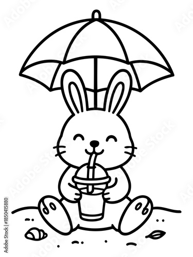 Cute Bunny with Drink: A charming cartoon bunny enjoys a refreshing drink, protected from the sun under an umbrella, embodying the simple joys of a leisurely day.